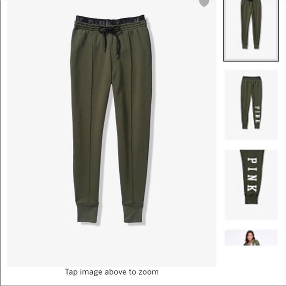 HTF 💗VS PINK HIGH WAIST OLIVE GREEN LOGO SKINNY JOGGERS - Picture 2 of 9
